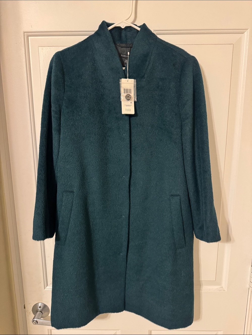 Brand new Eileen Fisher Teal Collarless Wool-Blend Pea Coat